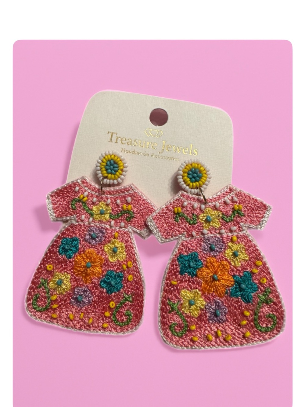 Treasure Jewels Pink Floral Embroidered Dress Earrings